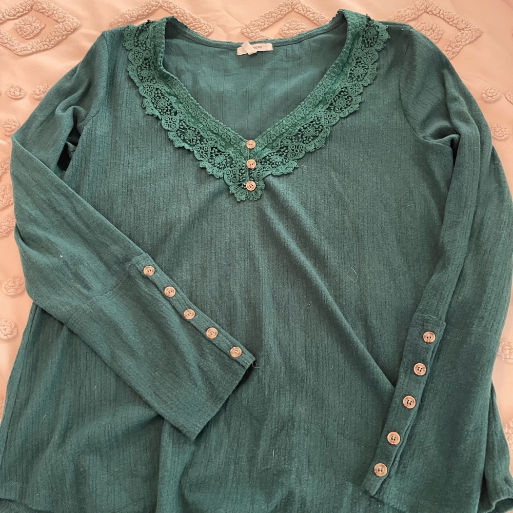 Maurices Teal Long Sleeve Top with Lace and Buttons